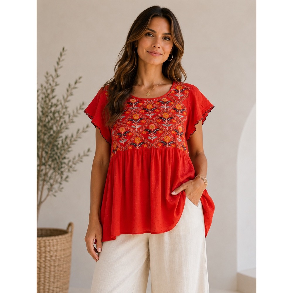Entro XL Red Embroidered Floral Babydoll Blouse Boho Swiss Dot Rayon Top